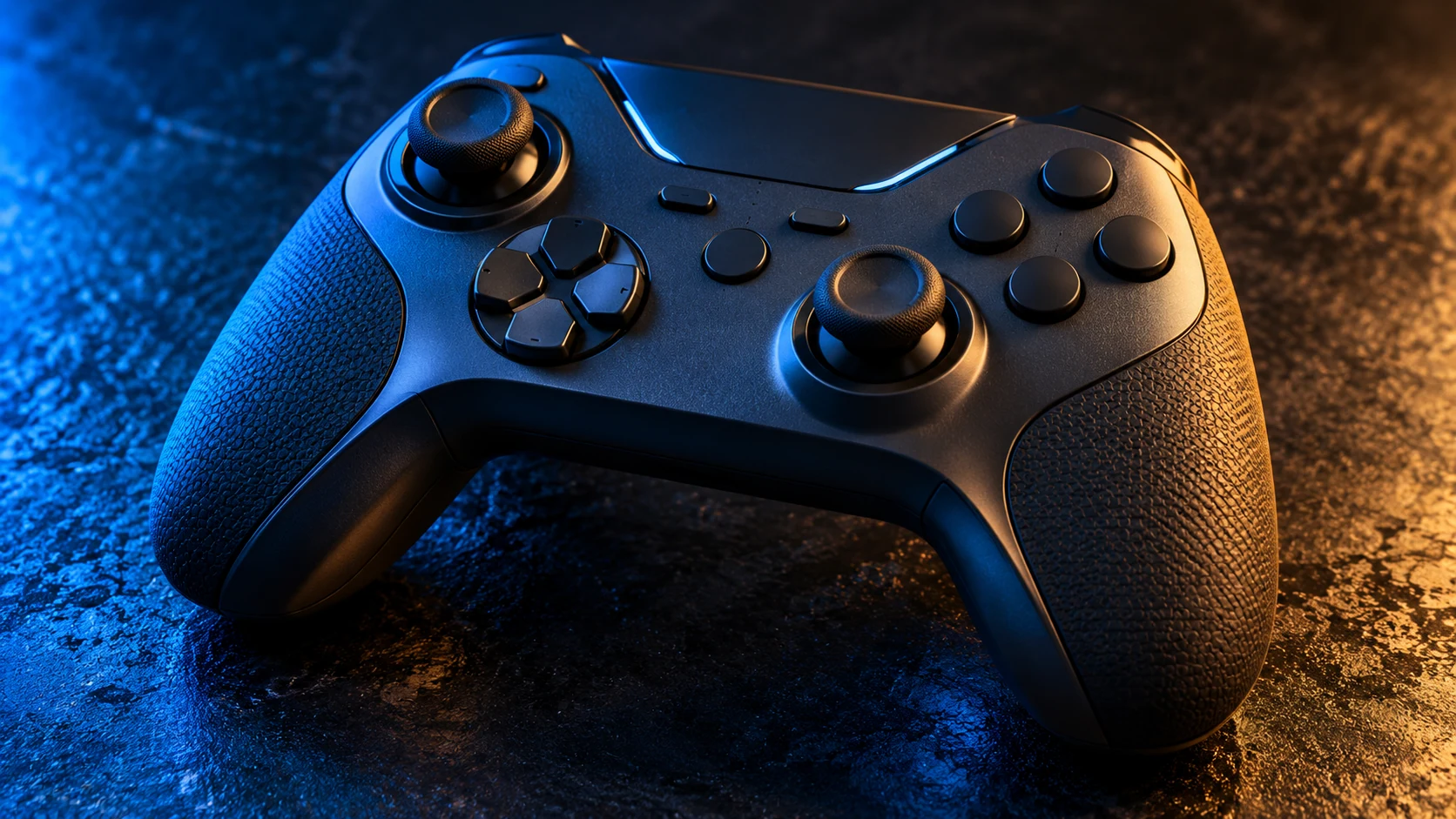 KI-Illustration: Fiktives Gamepad in blauem und warmem Licht.