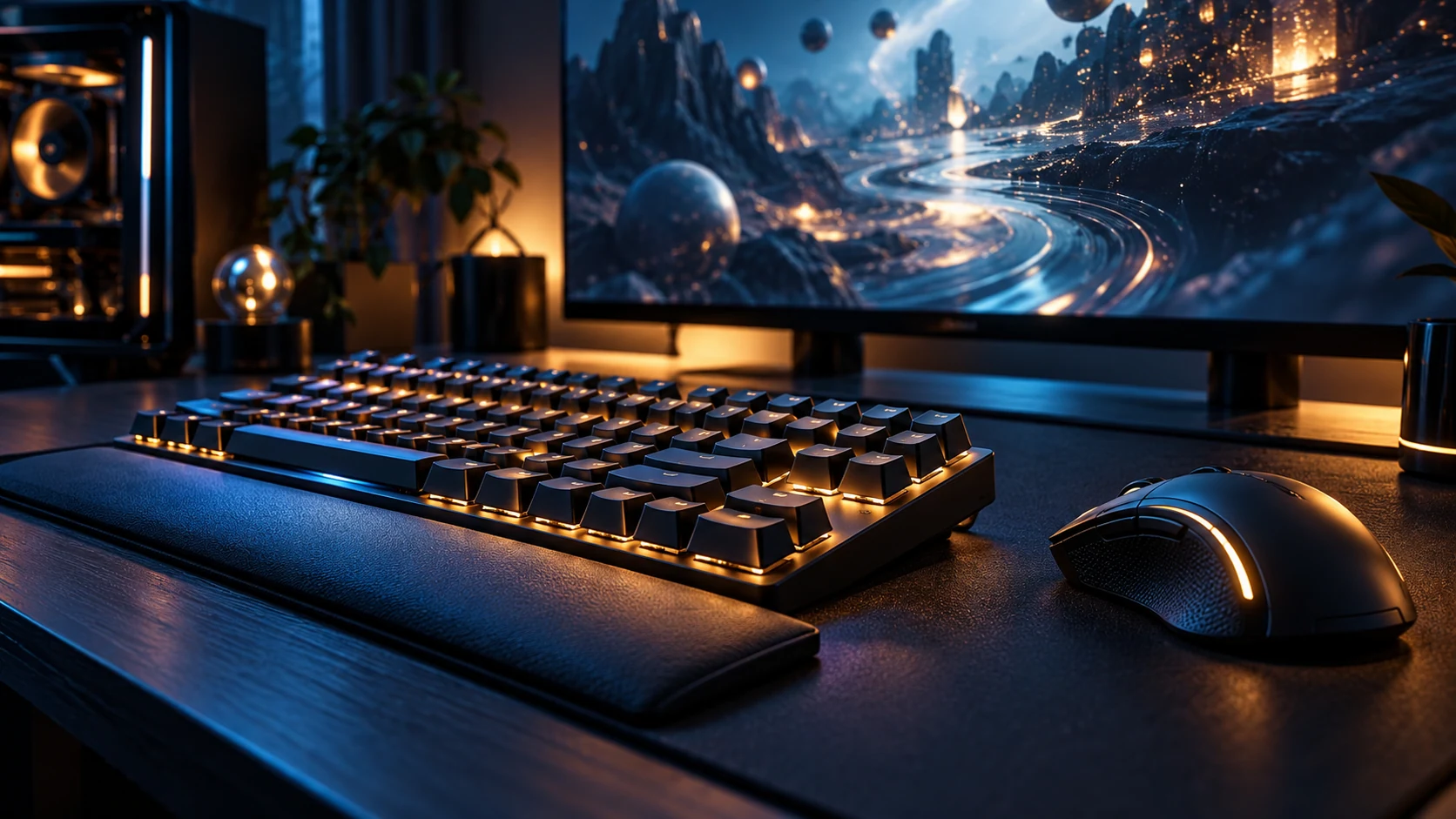 KI-Illustration: Symbolisches Gaming-Setup mit Monitor und Tastatur.
