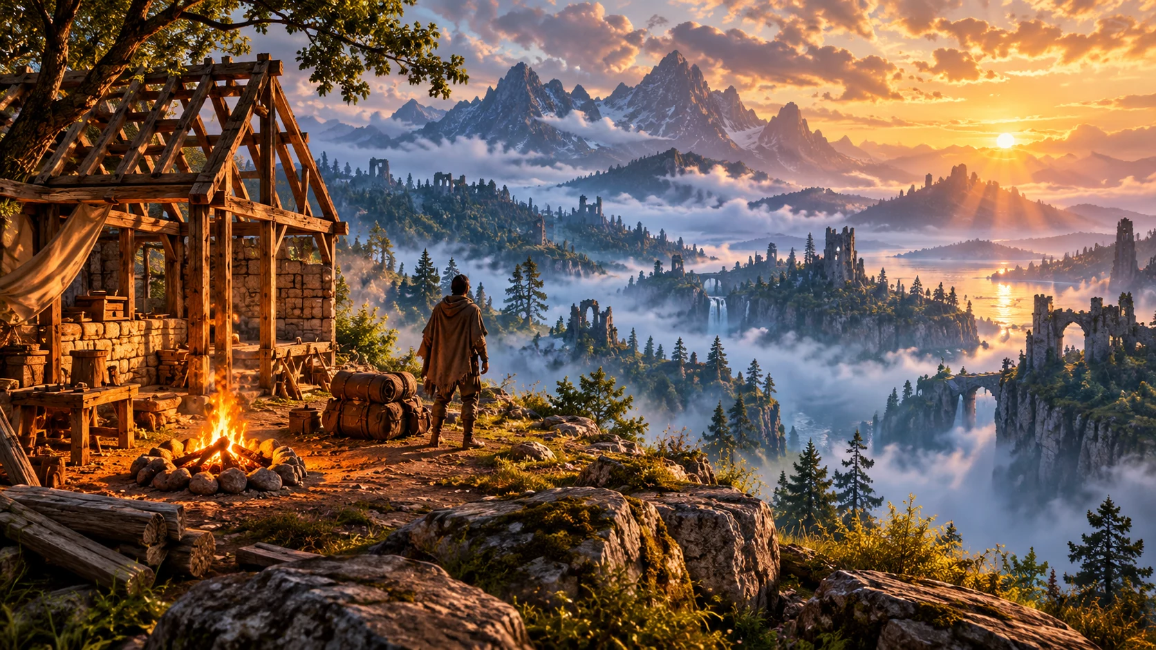 KI-Illustration: Ein Reisender steht bei einem Lagerfeuer und einem Holzhaus über einem nebligen Fantasietal.