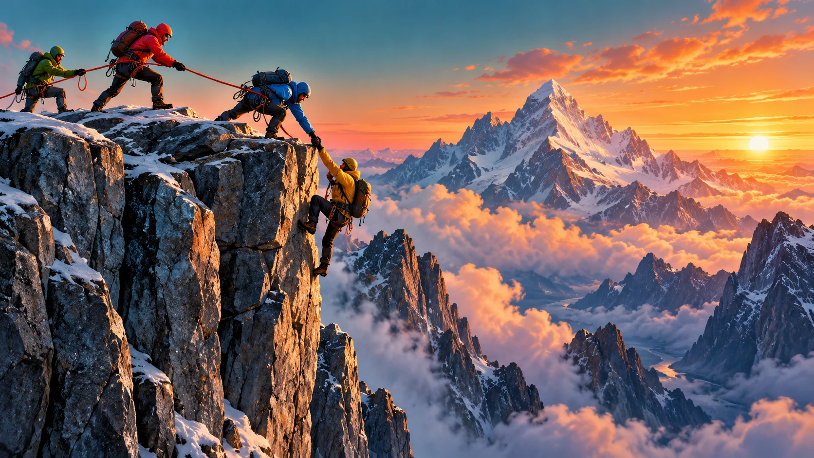 KI-Illustration: Vier Bergsteiger helfen einander an einer steilen Felswand über den Wolken.