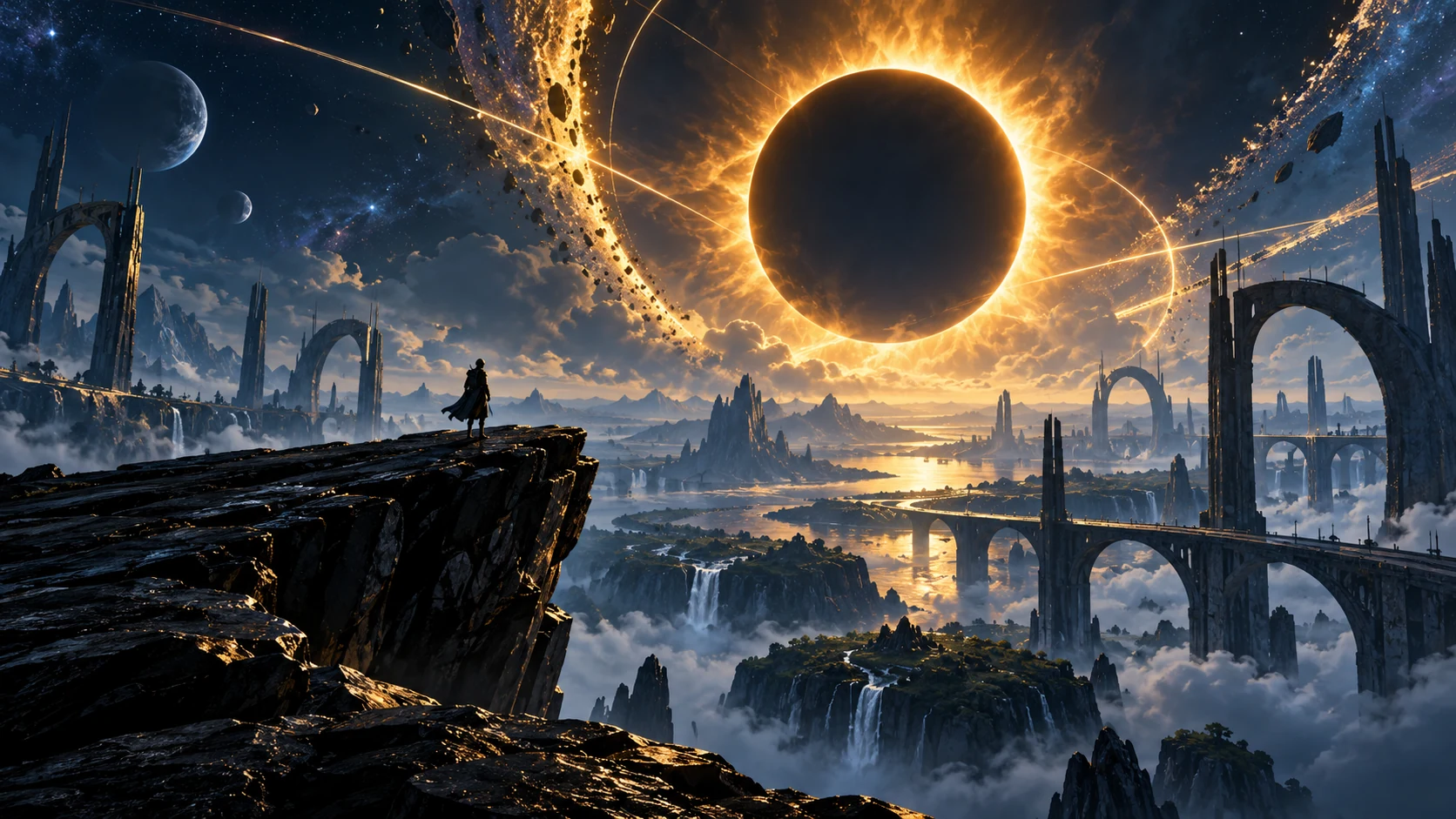 KI-Illustration: Ein Reisender blickt auf eine Sonnenfinsternis über einer erfundenen außerirdischen Landschaft.